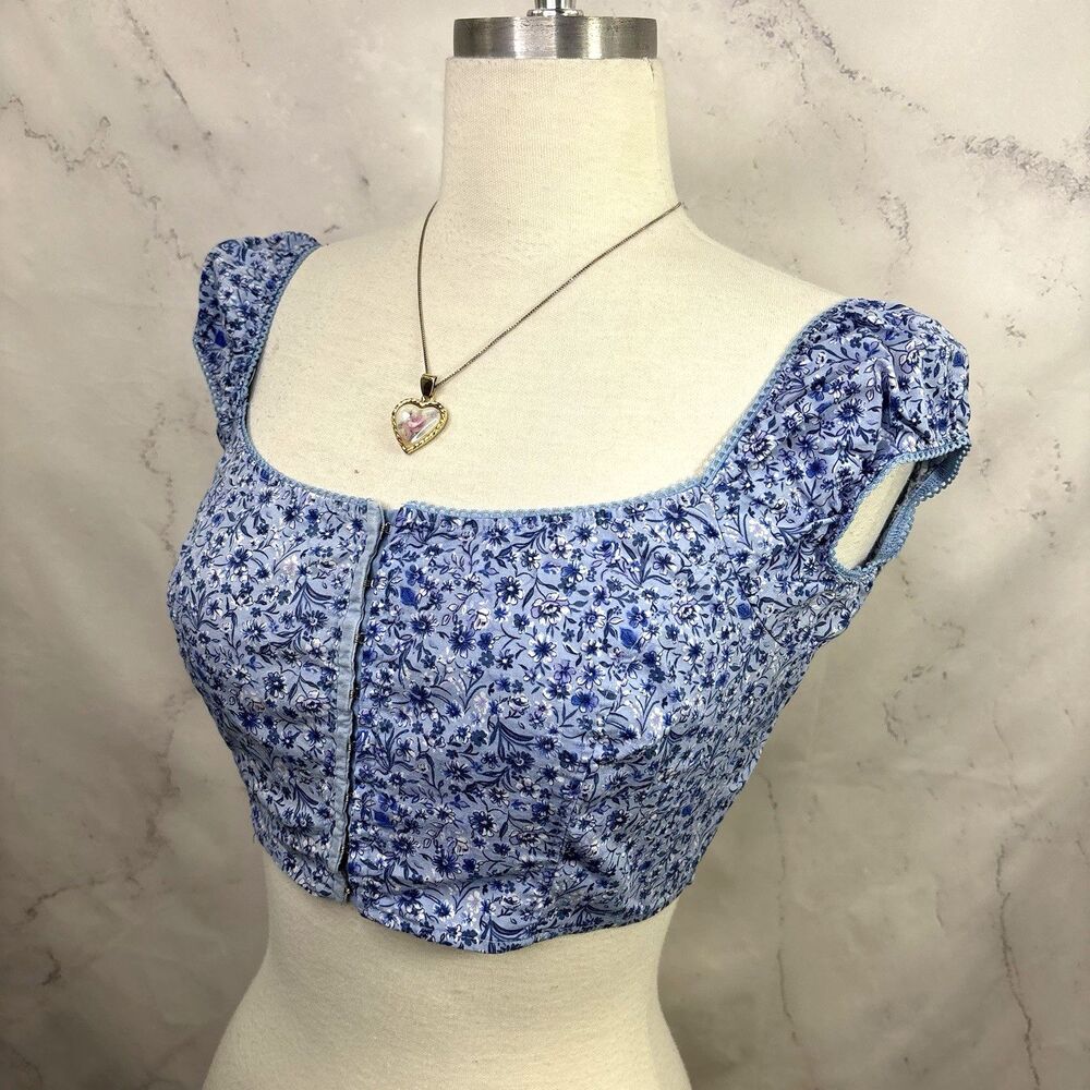 Vintage 90s Y2k Floral Corset Top Womens M Blue Cottagecore Hook and Eye Crop
